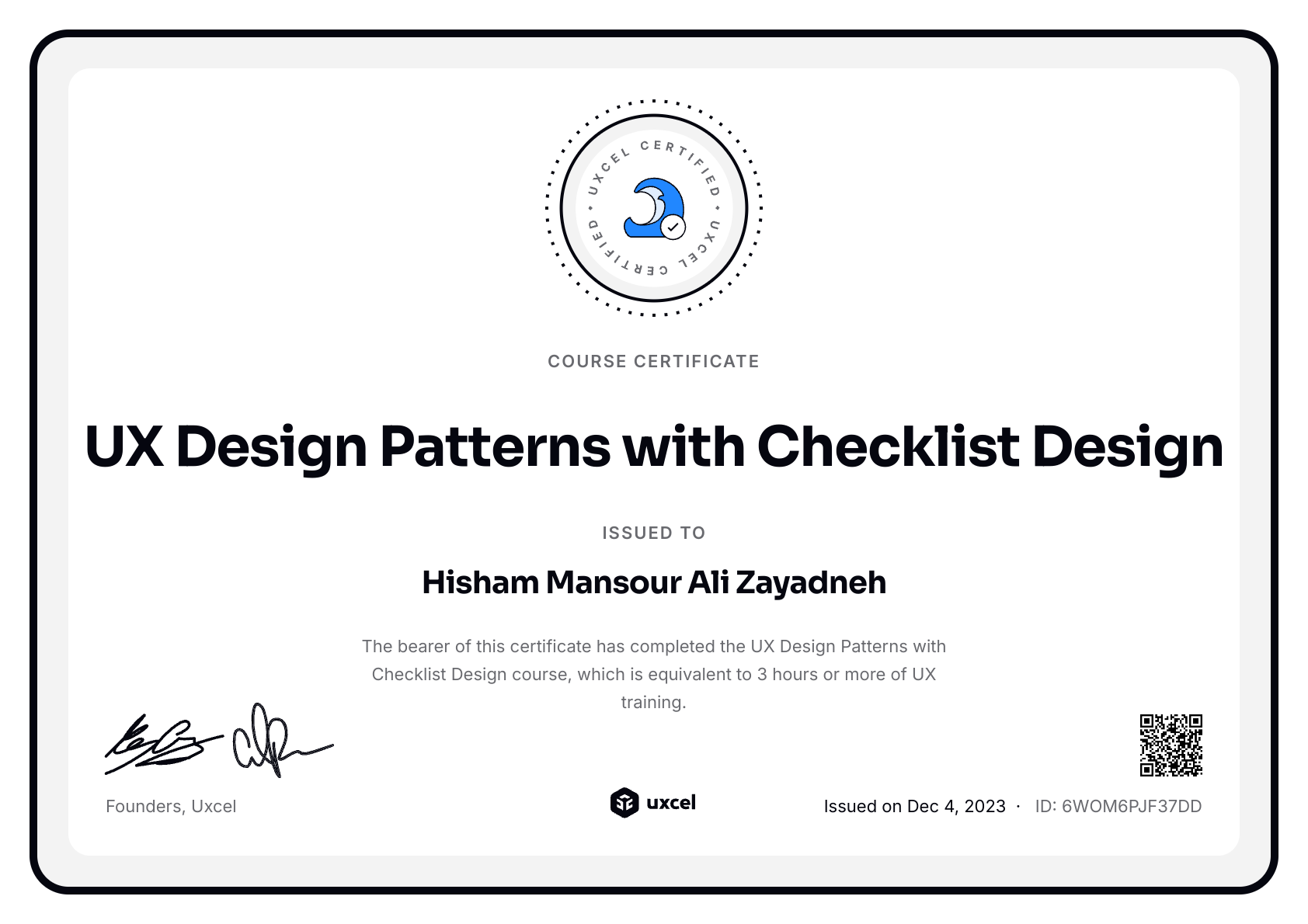 Hisham Zayadneh's certificate